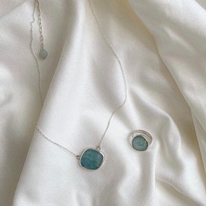 Aquamarine jewelry set. Aquamarine pendant. Aquamarine ring. Handmade